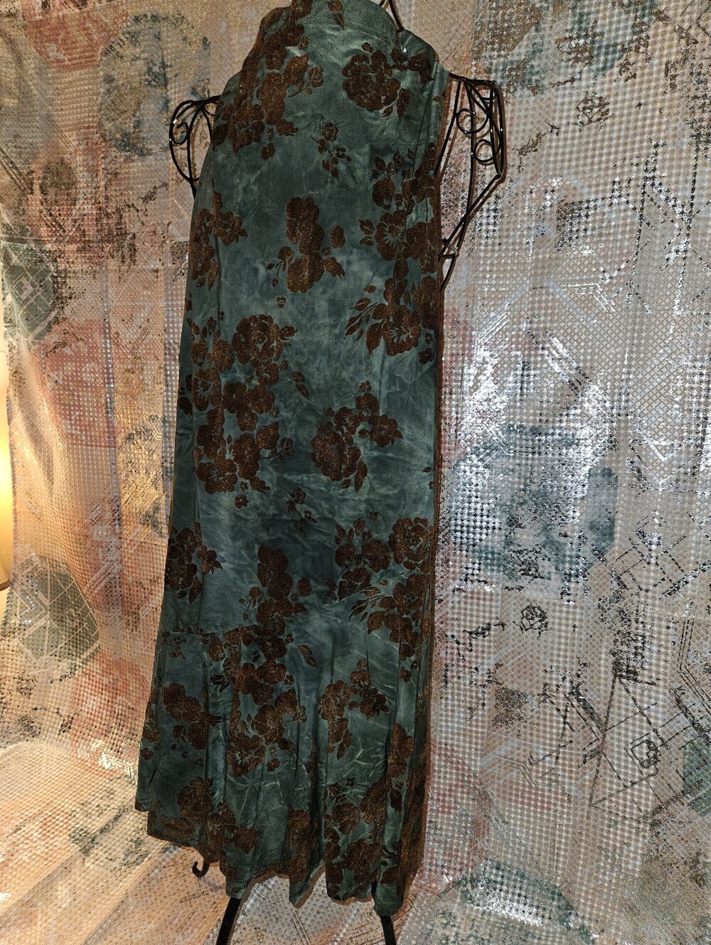 Green Velvet Floral Long Skirt